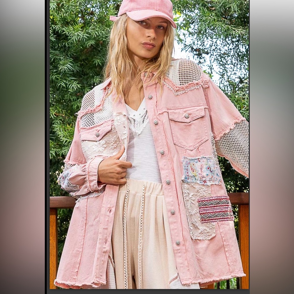 Nwot Pol Pink Oversized Patchwork Shacket - image 1